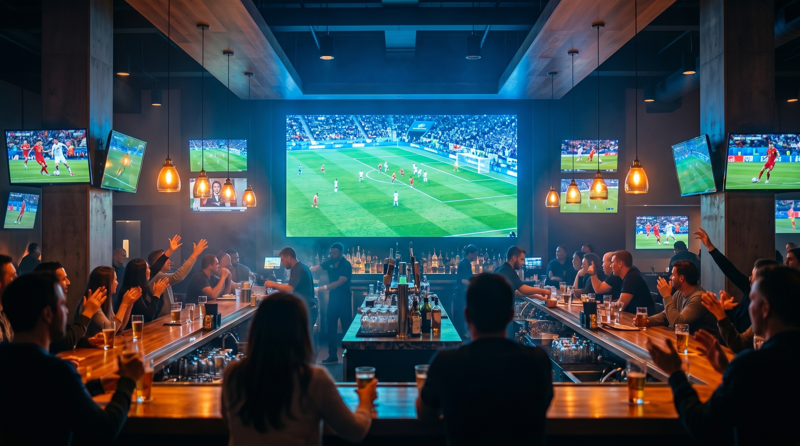 Wall of synced LED screens behind a polished bar