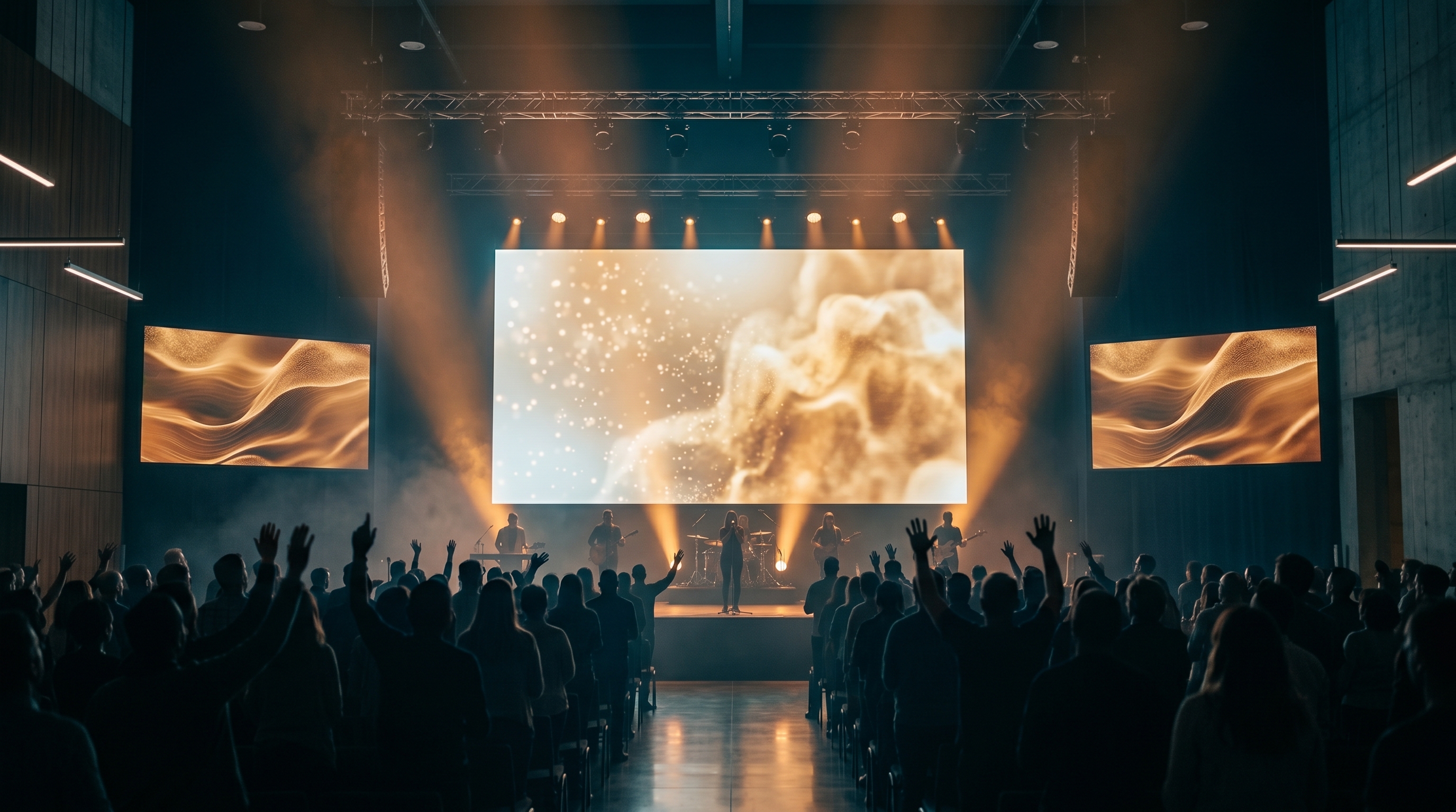 Curved LED video wall behind a stage in a worship hall
