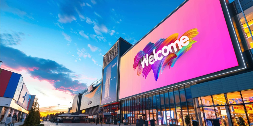 Indoor LED video wall in an airport hall showing soft pastel artwork